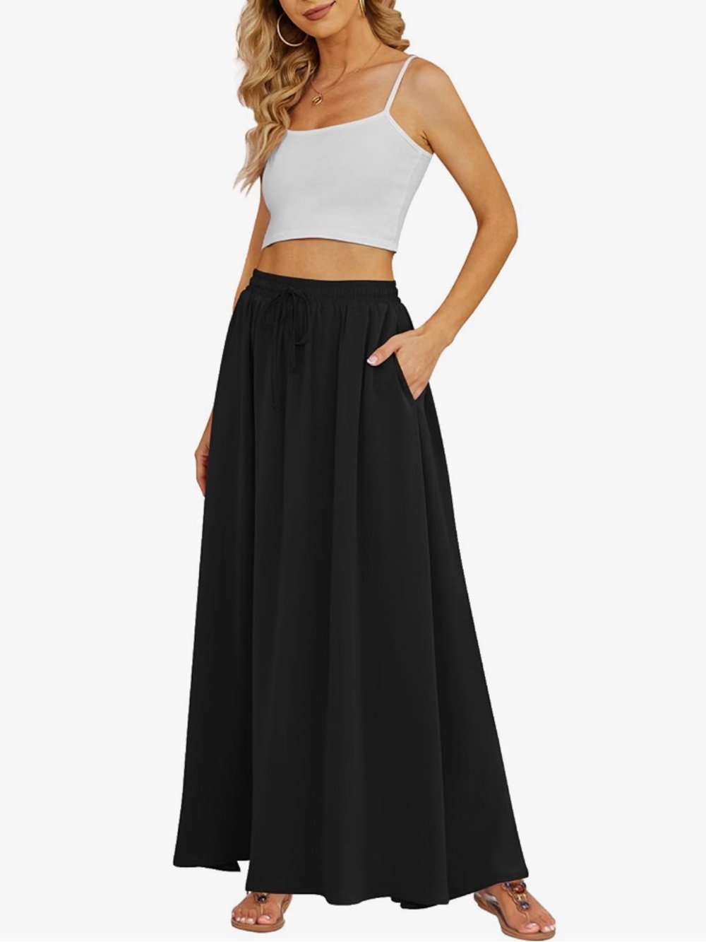Umgee Black Maxi Skirt Women’s Small Elastic Waist Drawstring Flowy